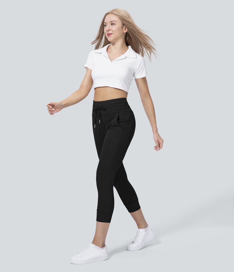 SoftlyZero™ Plush High Waisted Drawstring Pocket Plain Capri Yoga Joggers