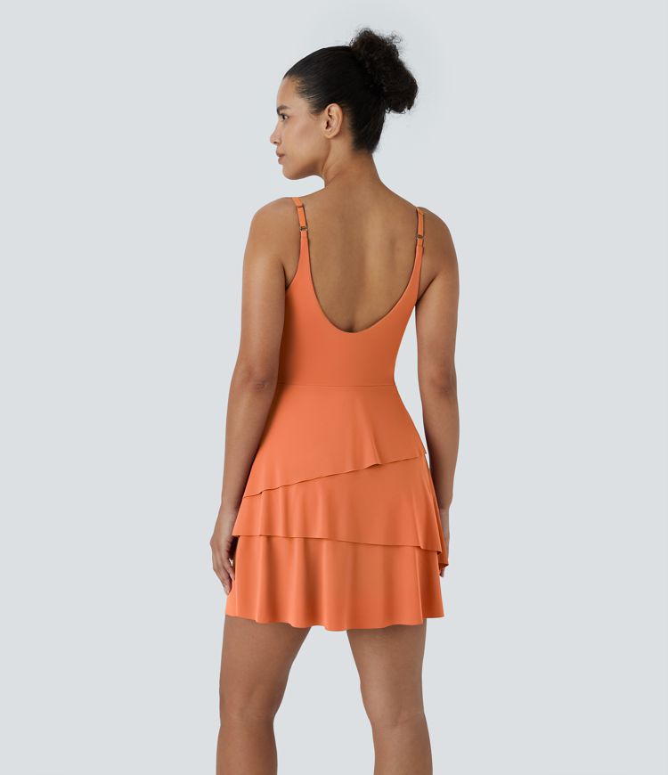Softlyzero™ Airy Backless Tiered Ruffle 2-in-1 Pocket Cool Touch Mini Slip Dance Active Dress-UPF50+