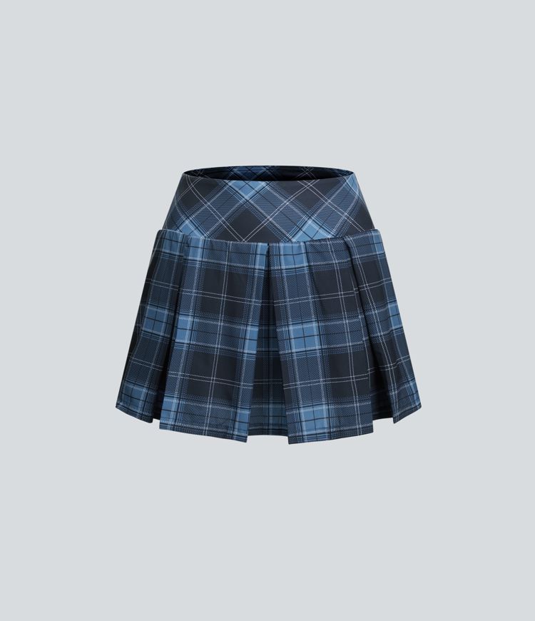 High Waisted Plaid 2-in-1 Side Pocket Pleated Tennis Skirt