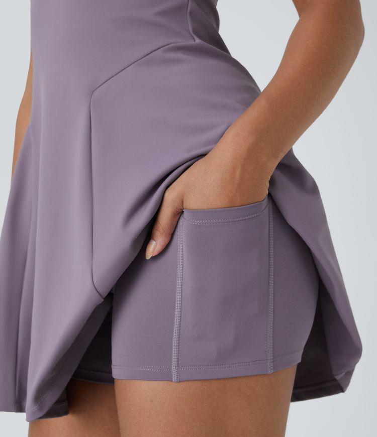 Ensemble Mini Robe Évasée 2 Pièces à Encolure Carrée et Poches Latérales