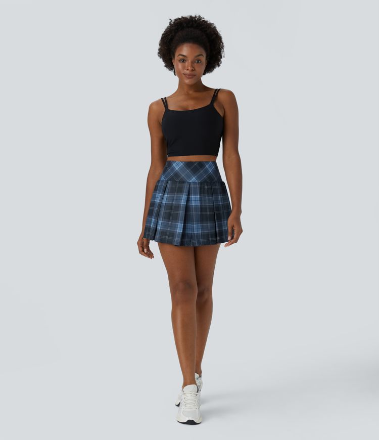 High Waisted Plaid 2-in-1 Side Pocket Pleated Tennis Skirt