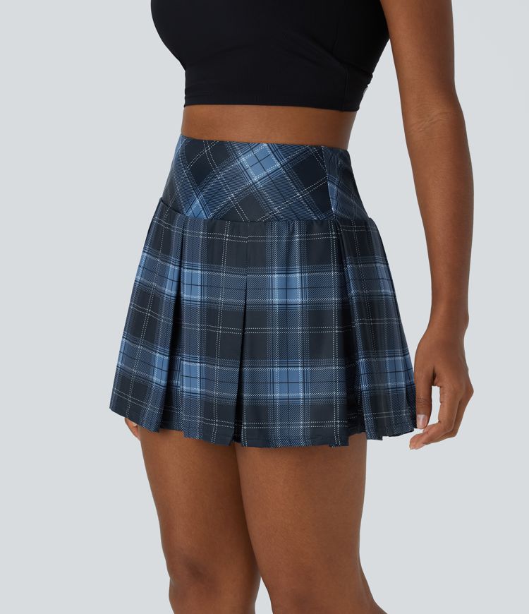 High Waisted Plaid 2-in-1 Side Pocket Pleated Tennis Skirt