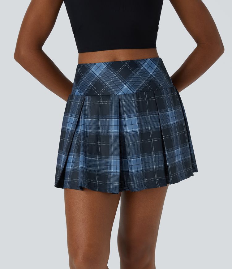 High Waisted Plaid 2-in-1 Side Pocket Pleated Tennis Skirt