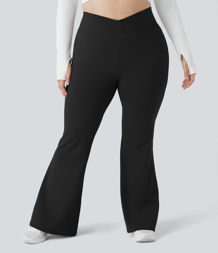 Crossover High Waisted Back Pocket Plus Size Super Flare Leggings