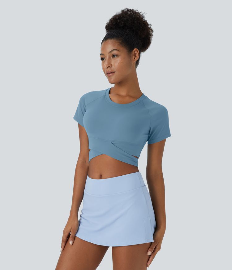 SoftlyZero™ Plush Crossover Hem Cut Out Cropped Sports Top