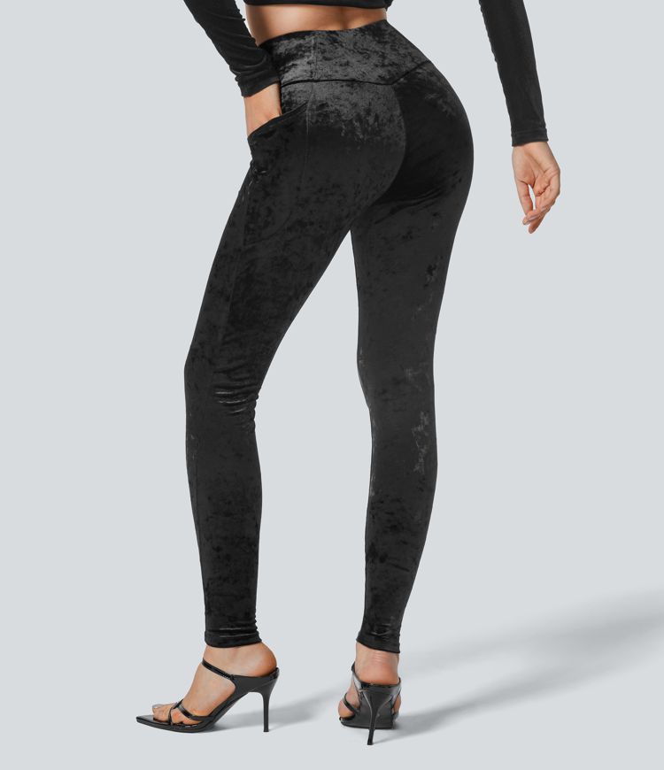 High Waisted Crossover Side Pocket Velvet Casual 7/8 Leggings