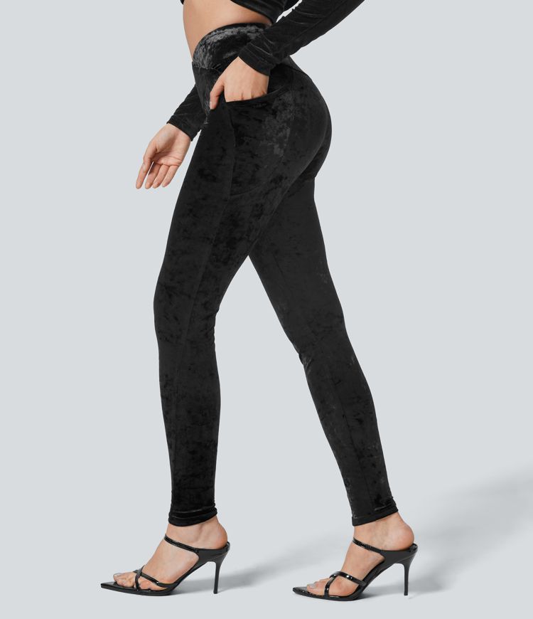 High Waisted Crossover Side Pocket Velvet Casual 7/8 Leggings