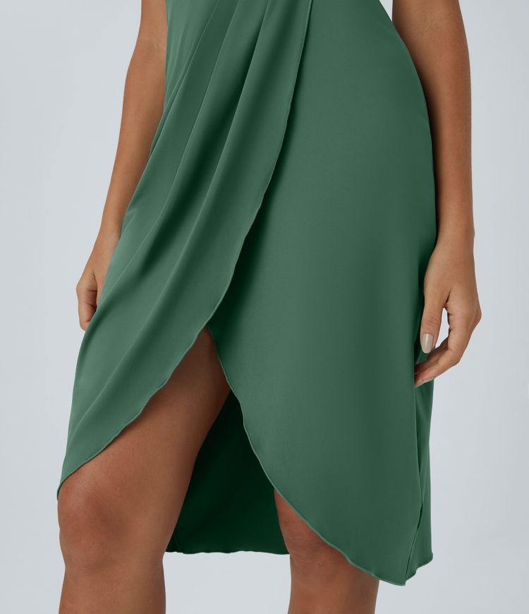 Backless Racerback Split Asymmetric Hem Ruched Casual Midi Dress-No Liner Shorts