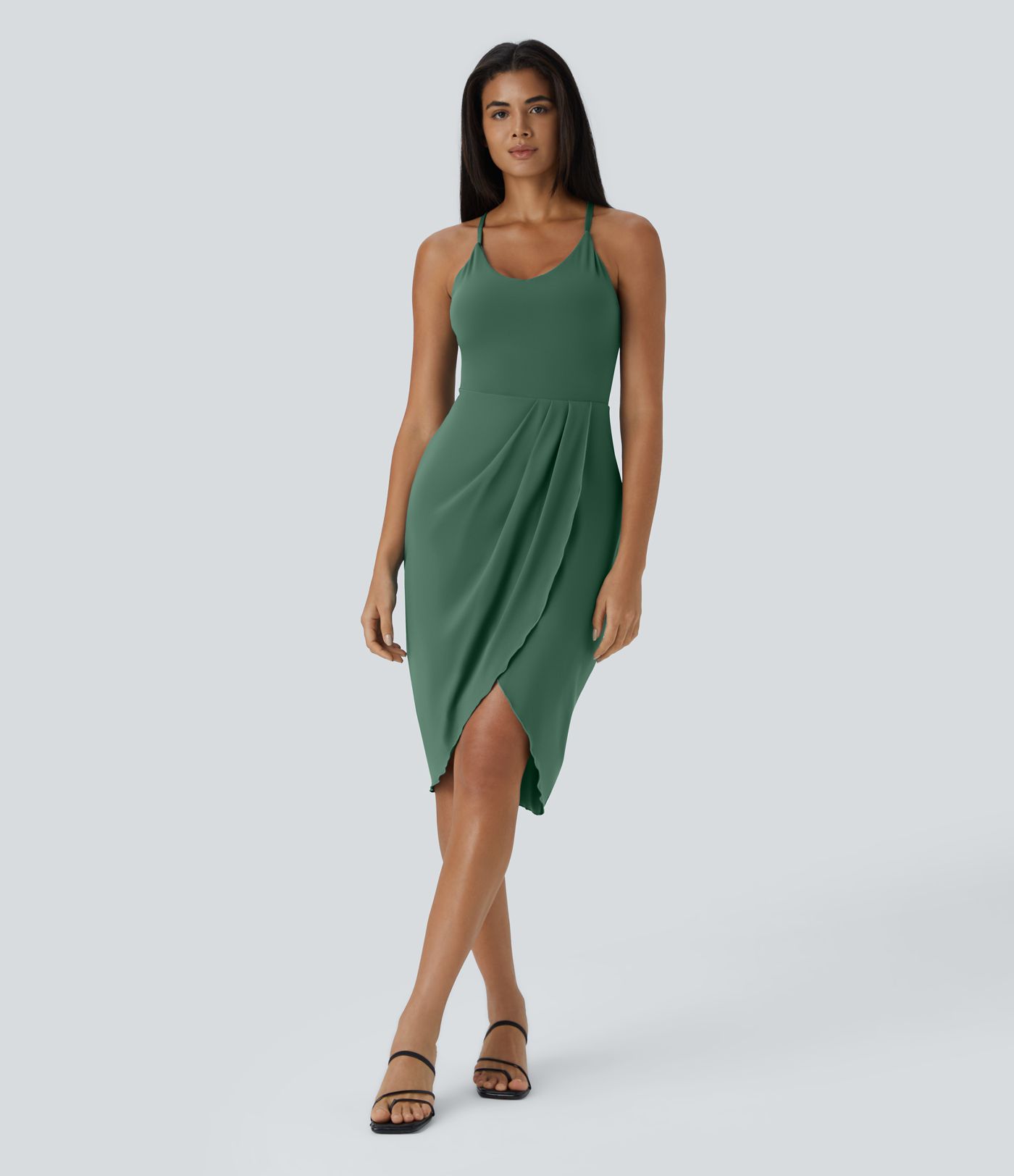 Backless Racerback Split Asymmetry Hem Ruched Casual Midi Dress - Linerless Shorts