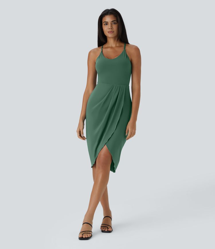 Backless Racerback Split Asymmetric Hem Ruched Casual Midi Dress-No Liner Shorts