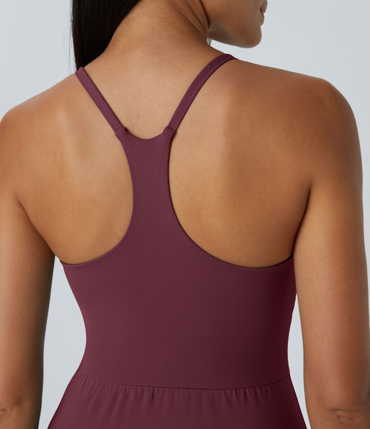 Racerback Asymmetrisk Kant Rynket Avslappet Midi Kjole-Uten Innershorts