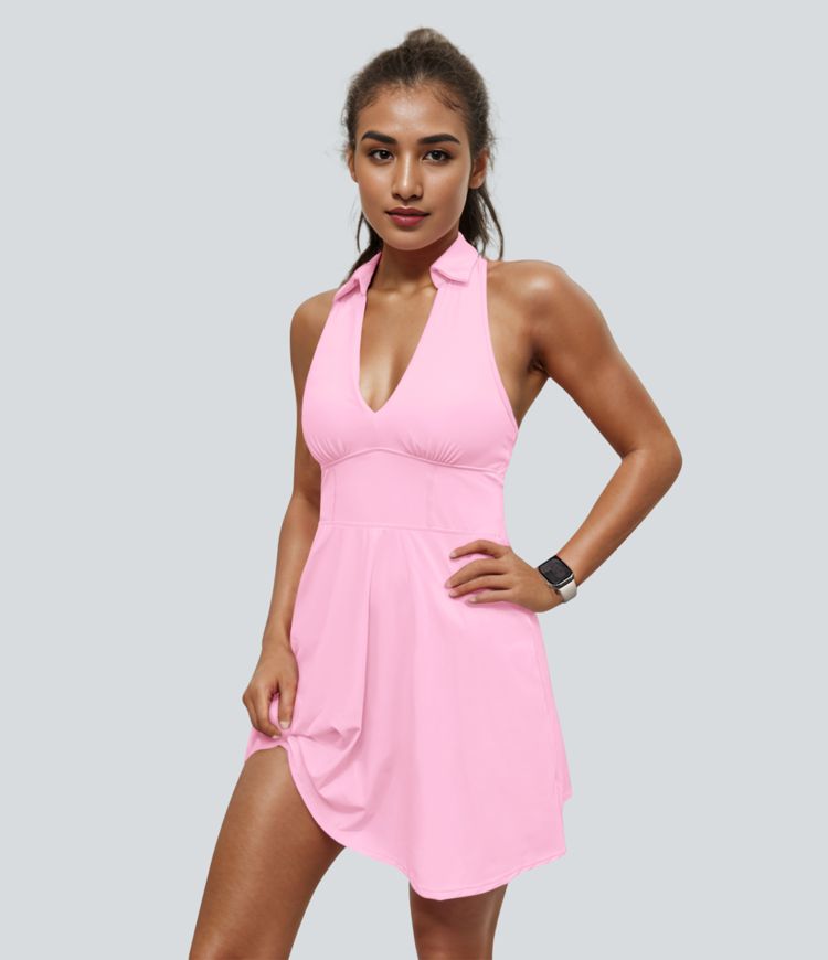 SoftlyZero™ Airy Collar Racerback 2-Piece Cool Touch Mini Flare Golf Active Dress-Golf Tee Pocket-UPF50+