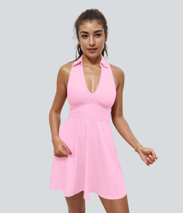 SoftlyZero™ Airy Collar Racerback 2-Piece Cool Touch Mini Flare Golf Active Dress-Golf Tee Pocket-UPF50+