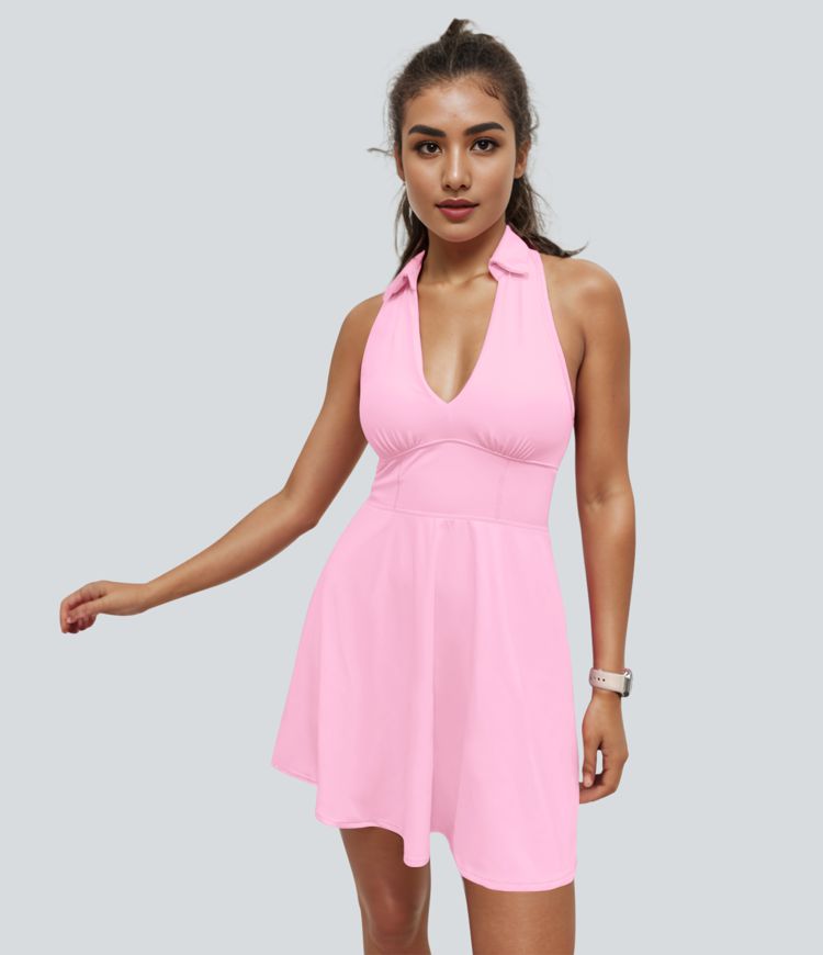 SoftlyZero™ Airy Collar Racerback 2-Piece Cool Touch Mini Flare Golf Active Dress-Golf Tee Pocket-UPF50+