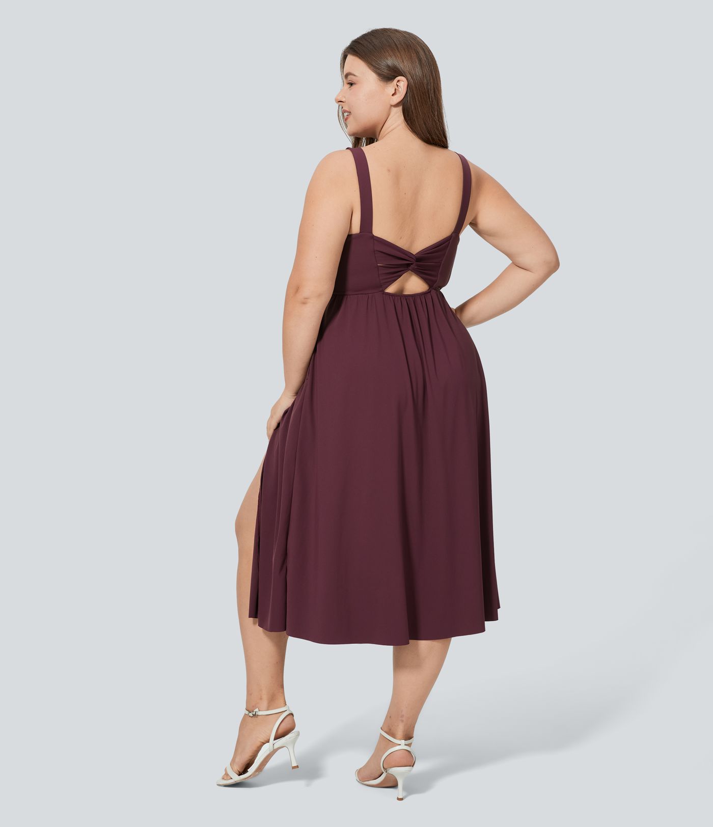 Backless Twisted Side Pocket Split Midi Casual Plus Size Dress