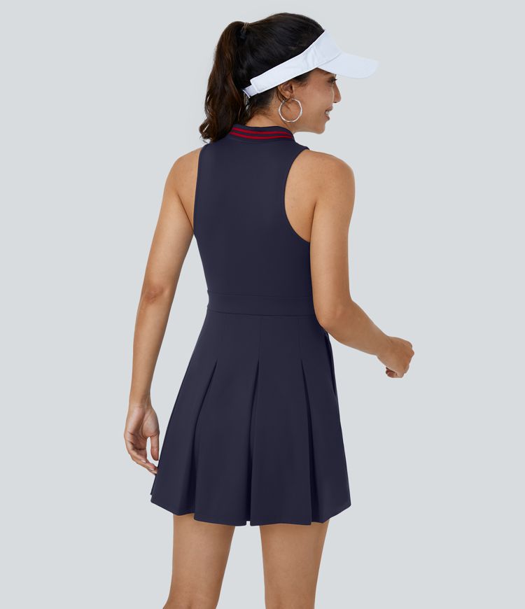 Collar Half Zip 2-Piece Pocket Pleated Golf Active Dress-Golf Tee Pocket