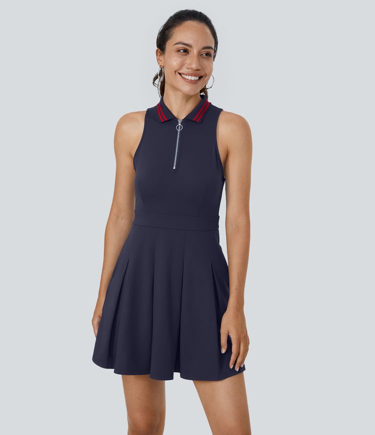 Collar Half Zip 2-Piece Pocket Pleated Golf Active Dress-Golf Tee Pocket