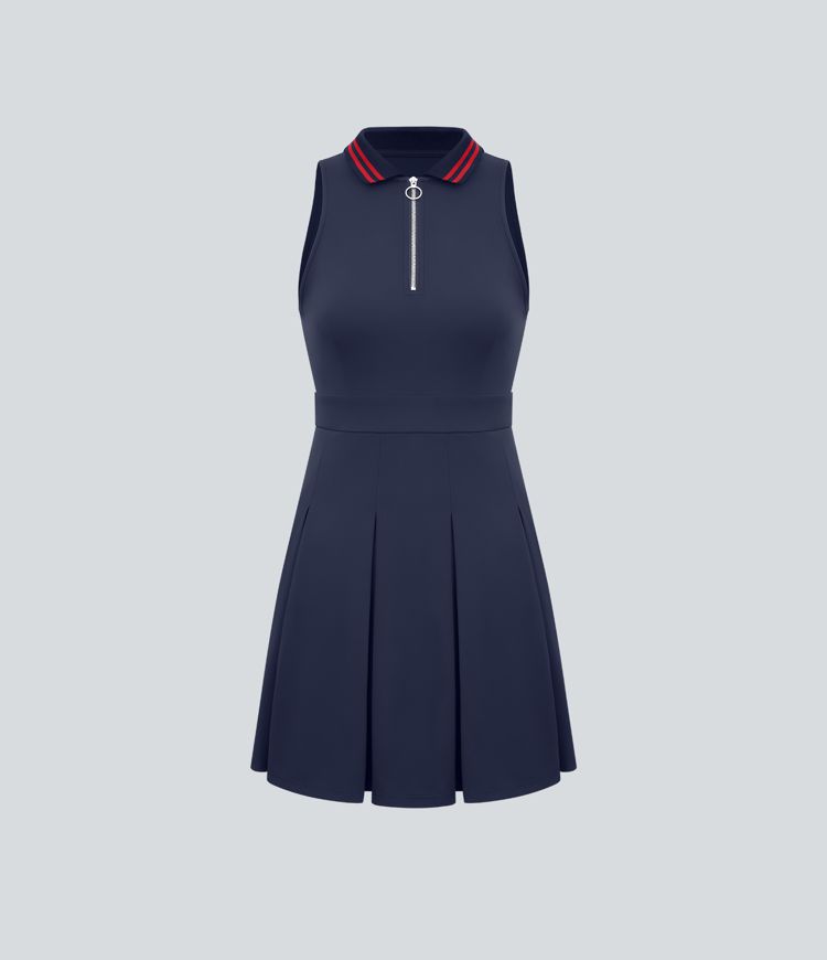 Collar Half Zip 2-Piece Pocket Pleated Golf Active Dress-Golf Tee Pocket