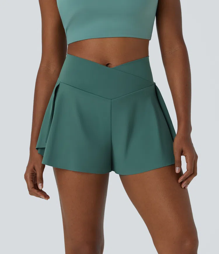High Waist Crossover Side Pocket Split 2-in-1 Casual Shorts 3/4 Length