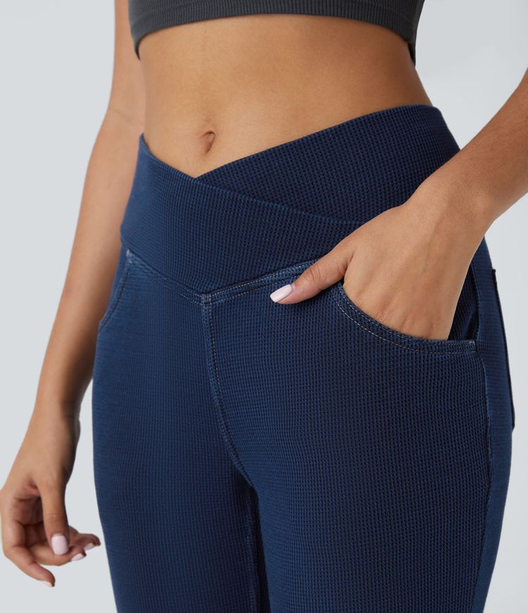 Halara Flex™ High Waisted Crossover Pockets Waffle Casual Flare Jeans