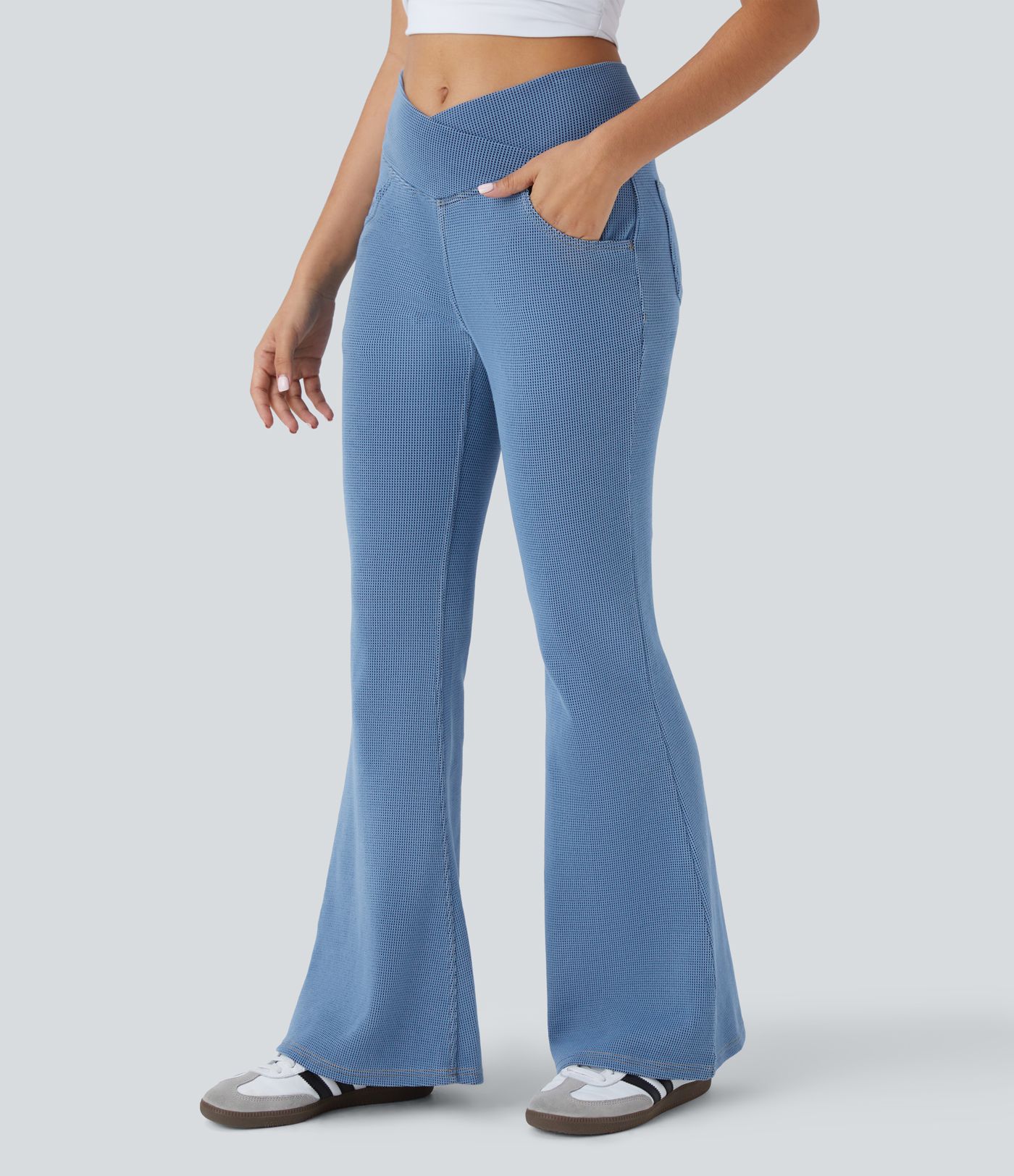 Halara Flex™ High Waisted Crossover Pockets Waffle Stretchy Knit Casual Flared Jeans