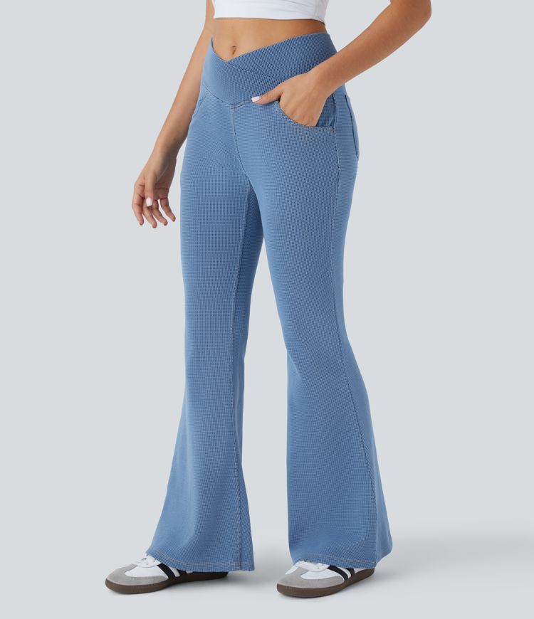Halara Flex™ High Waisted Crossover Pockets Waffle Stretchy Knit Casual Flared Jeans