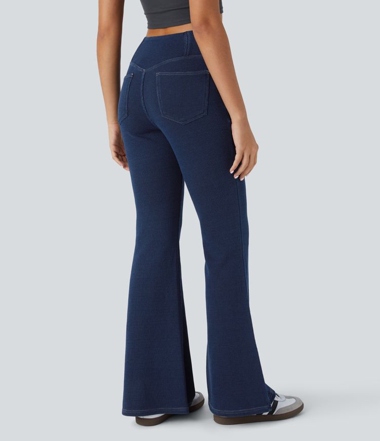 Halara Flex™ High Waisted Crossover Pockets Waffle Casual Flare Jeans