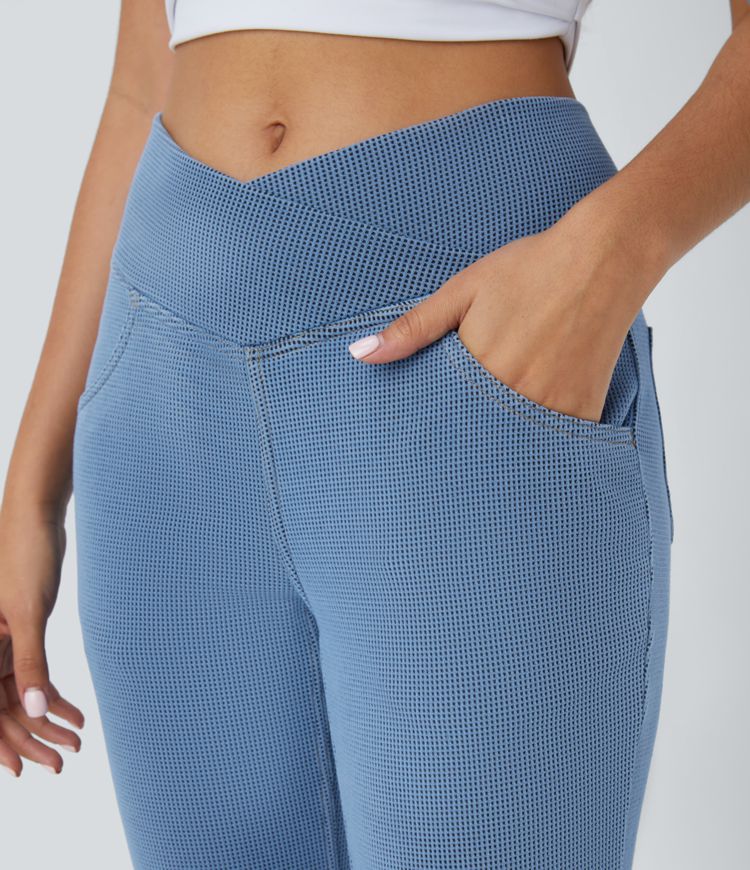 Halara Flex™ High Waisted Crossover Pockets Waffle Stretchy Knit Casual Flared Jeans