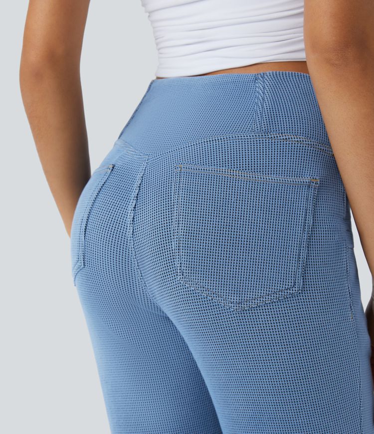 Halara Flex™ High Waisted Crossover Pockets Waffle Stretchy Knit Casual Flared Jeans