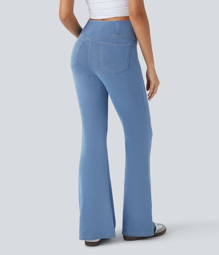 Halara Flex™ High Waisted Crossover Pockets Waffle Stretchy Knit Casual Flared Jeans