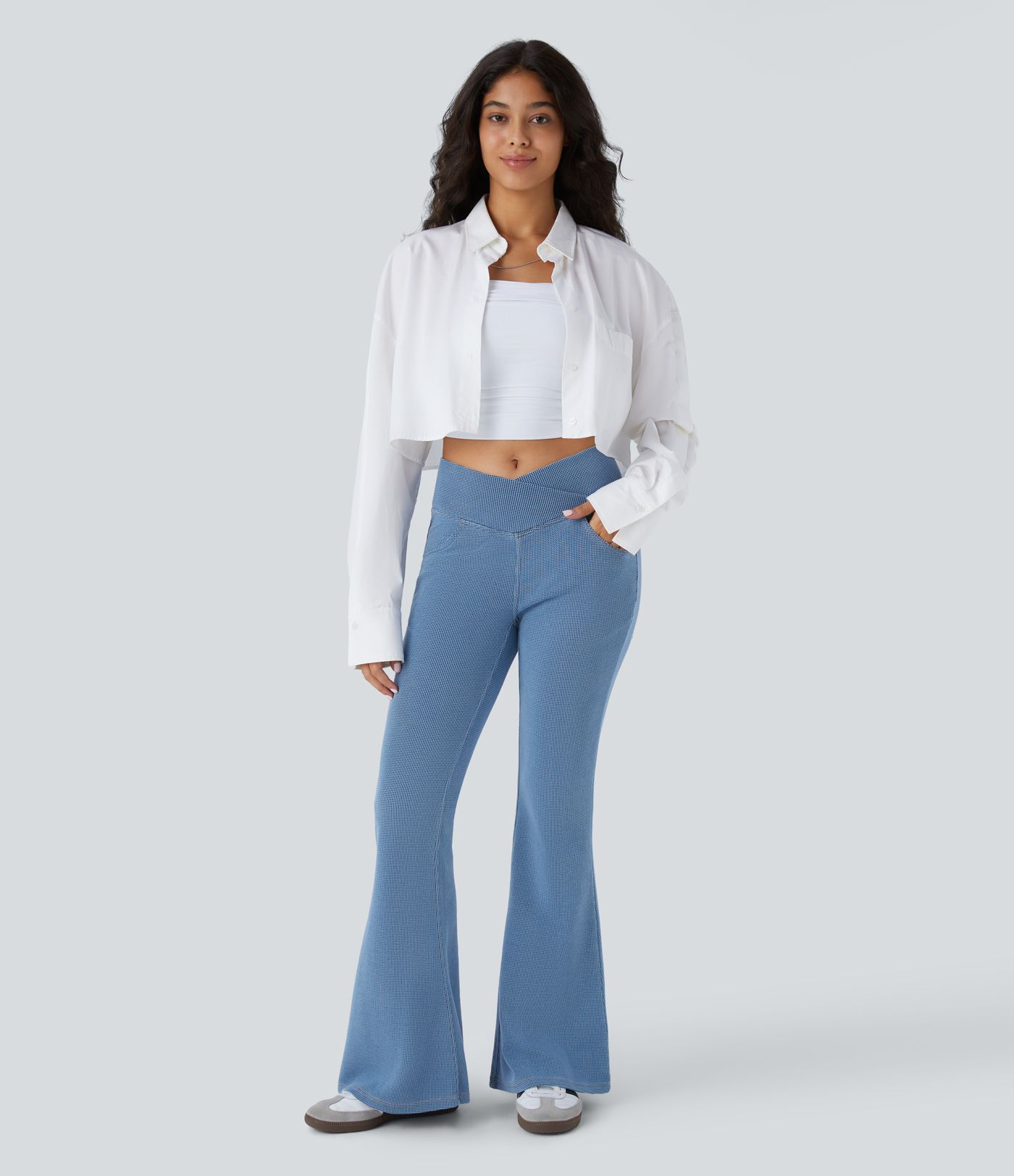 Halara Flex™ High Waisted Crossover Pockets Waffle Stretchy Knit Casual Flared Jeans
