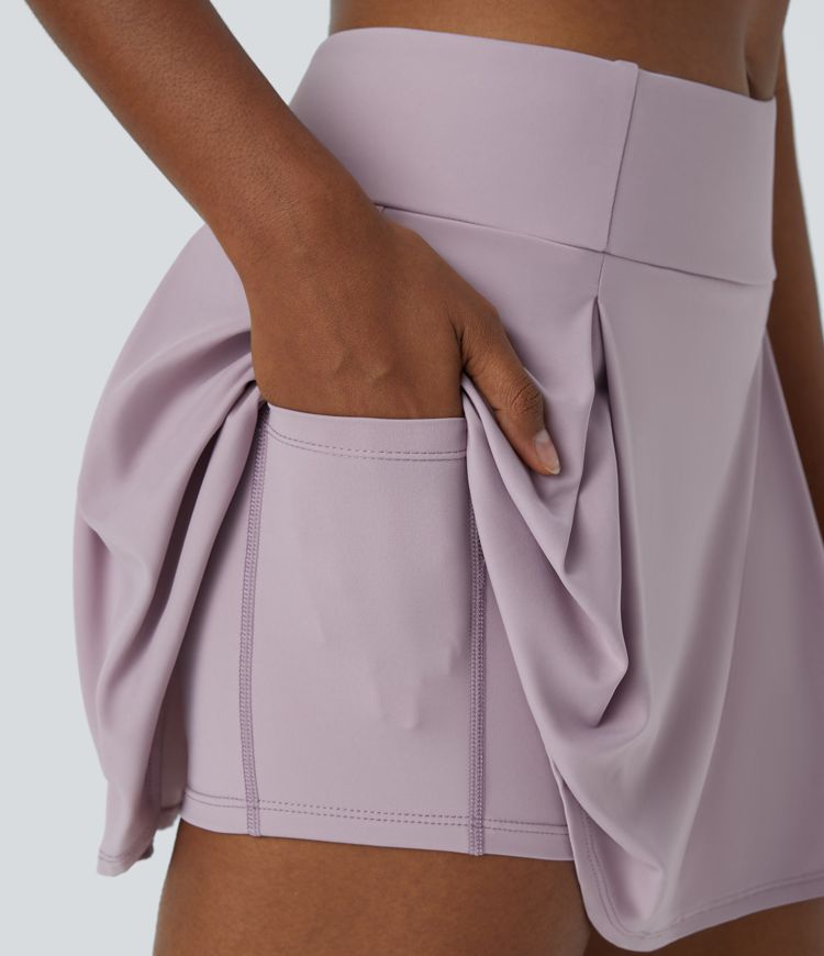 Jupe Unie Taille Haute avec Plis et Poches Latérales 2 en 1