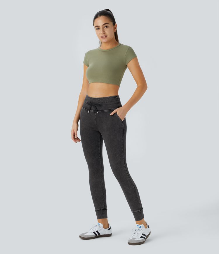 Halara Flex™ High-Waist Drawstring Side Pocket Washed Stretch Knit Casual Jeans