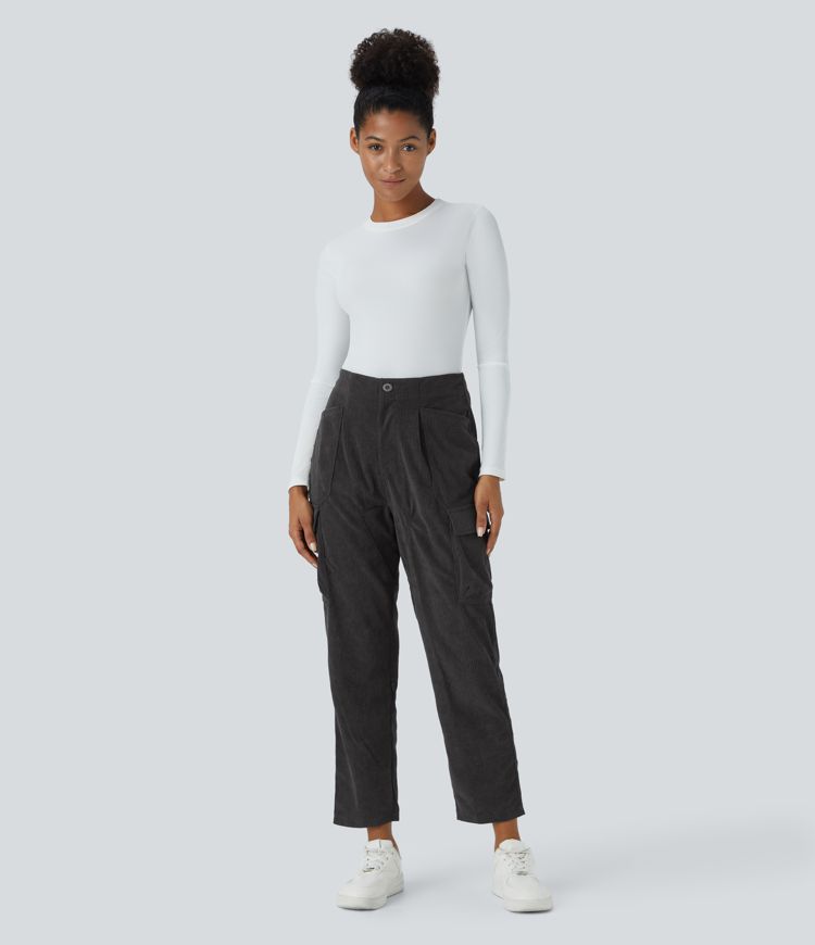 High Waist Button Zipper Multi-pocket Corduroy Casual Pants