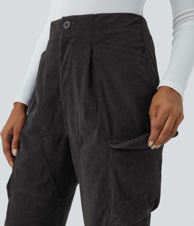 High Waist Button Zipper Multi-pocket Corduroy Casual Pants