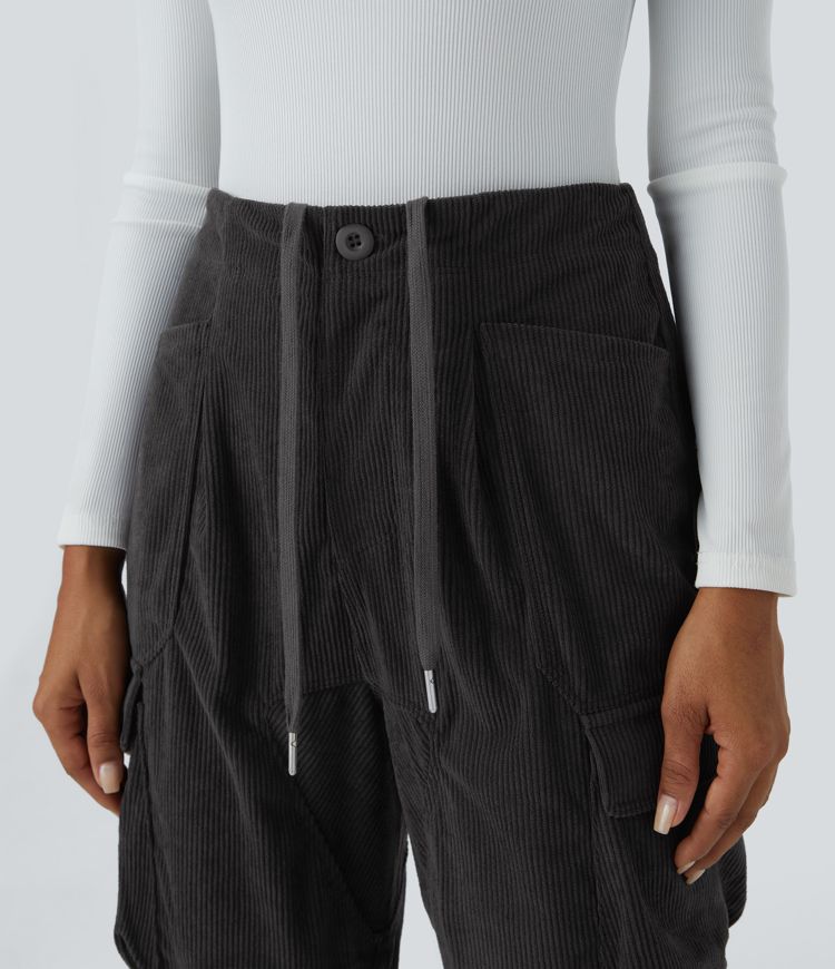 High Waist Button Zipper Multi-pocket Corduroy Casual Pants