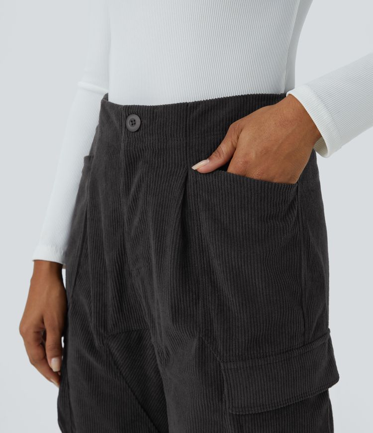 High Waist Button Zipper Multi-pocket Corduroy Casual Pants