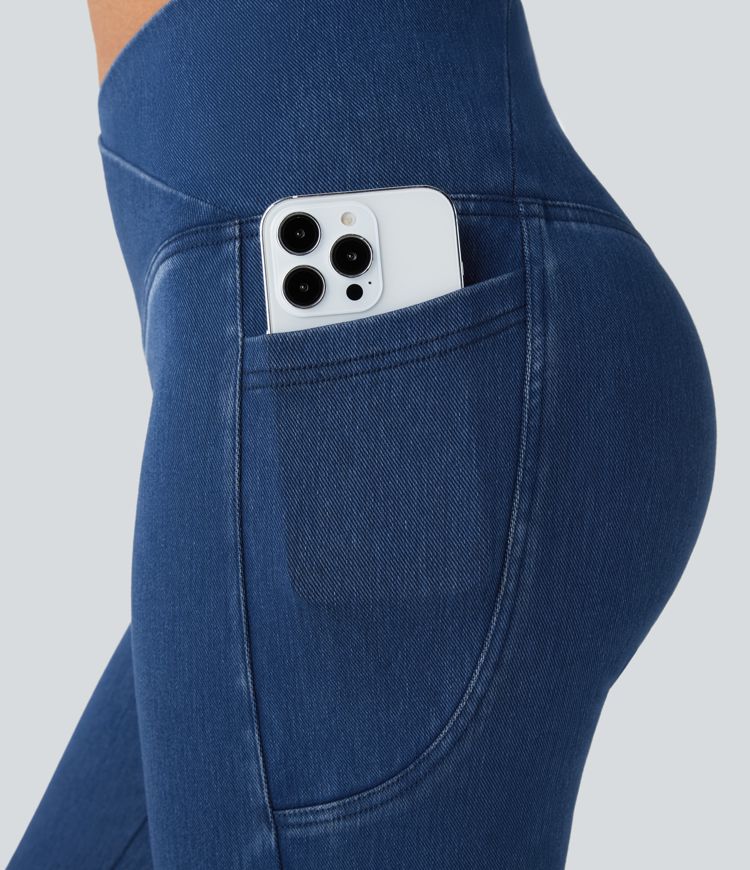 Halara Flex™ Crossover Side Pocket Washed Stretch Knit Denim Capri Casual Leggings