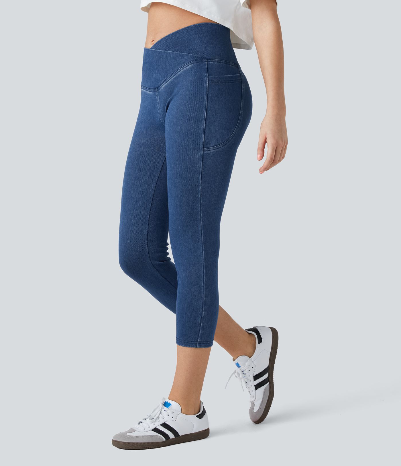 Halara Flex™ Crossover Side Pocket Washed Stretch Knit Denim Capri Casual Leggings