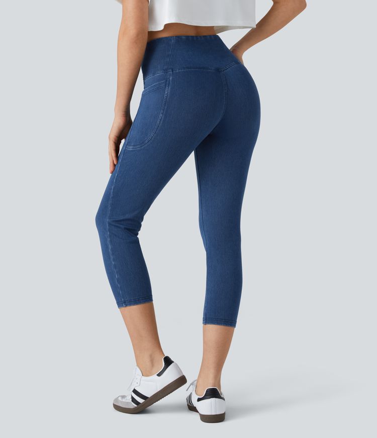 Halara Flex™ Crossover Side Pocket Washed Stretch Knit Denim Capri Casual Leggings