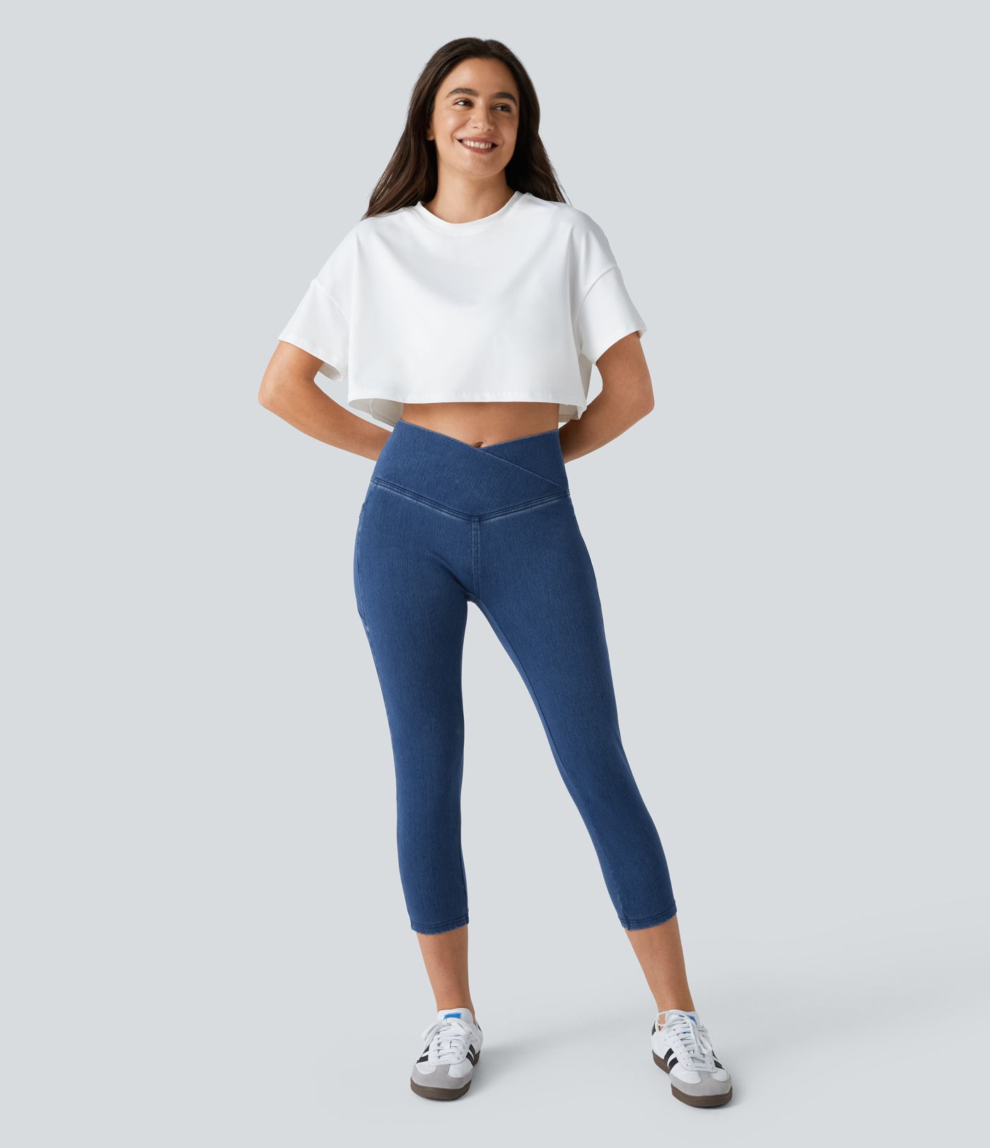 Halara Flex™ Crossover Side Pocket Washed Stretch Knit Denim Capri Casual Leggings