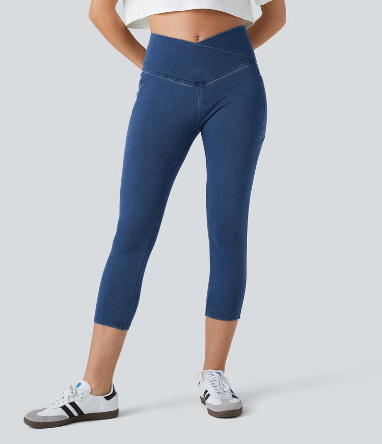 Halara Flex™ Crossover Side Pocket Washed Stretch Knit Denim Capri Casual Leggings