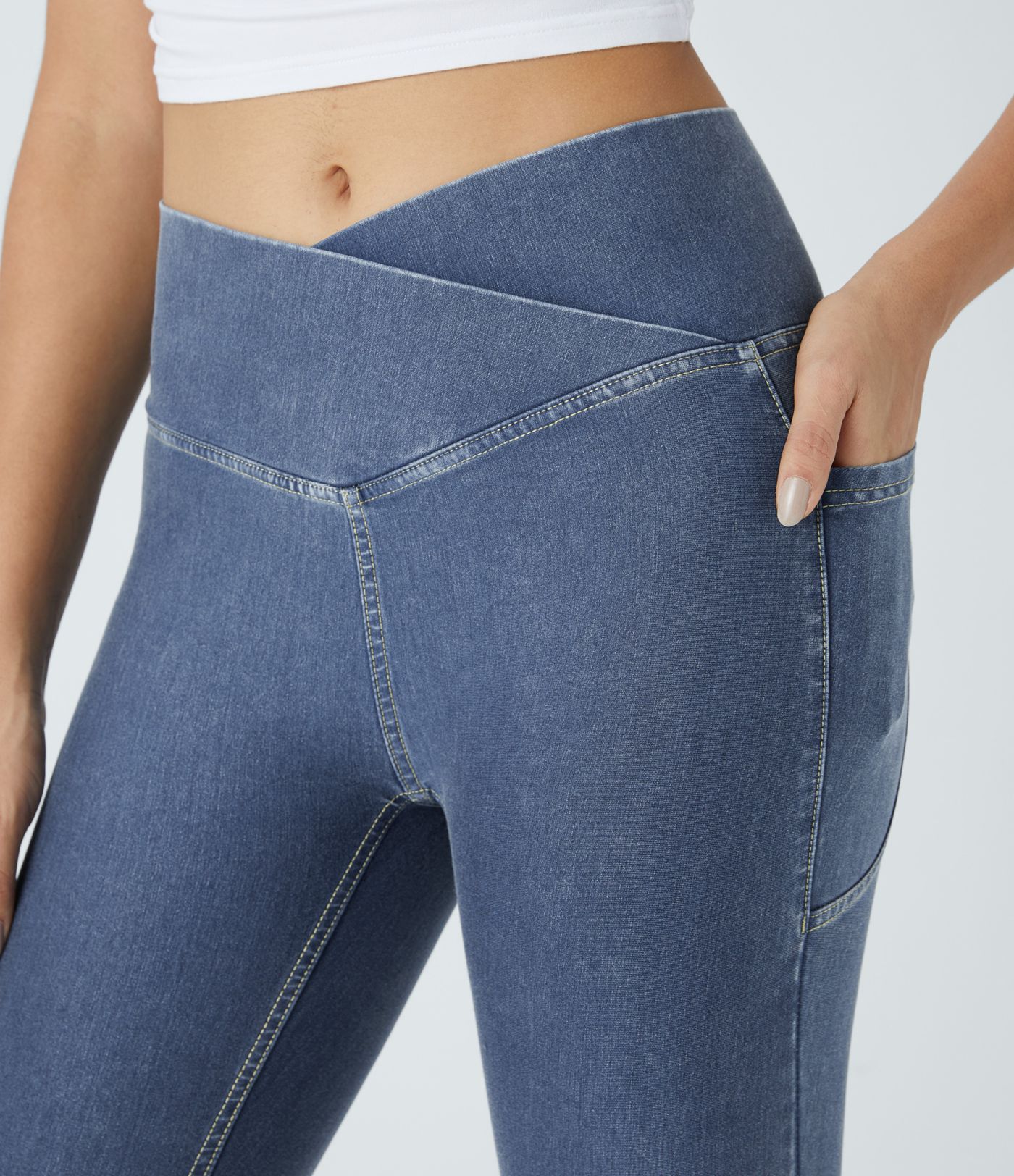 Halara Flex™ Crossover Side Pocket Washed Stretch Knit Denim Casual 7/8 Leggings