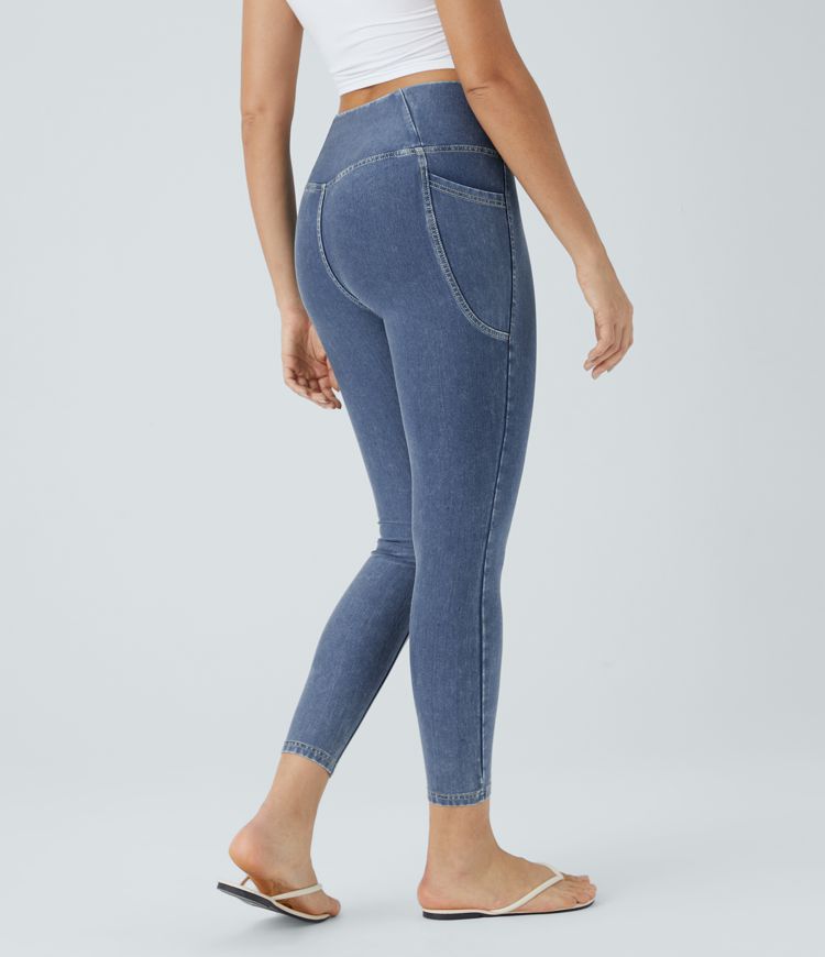 HalaraMagic™ Crossover Side Pocket Washed Stretchy Knit Denim Casual 7/8 Leggings