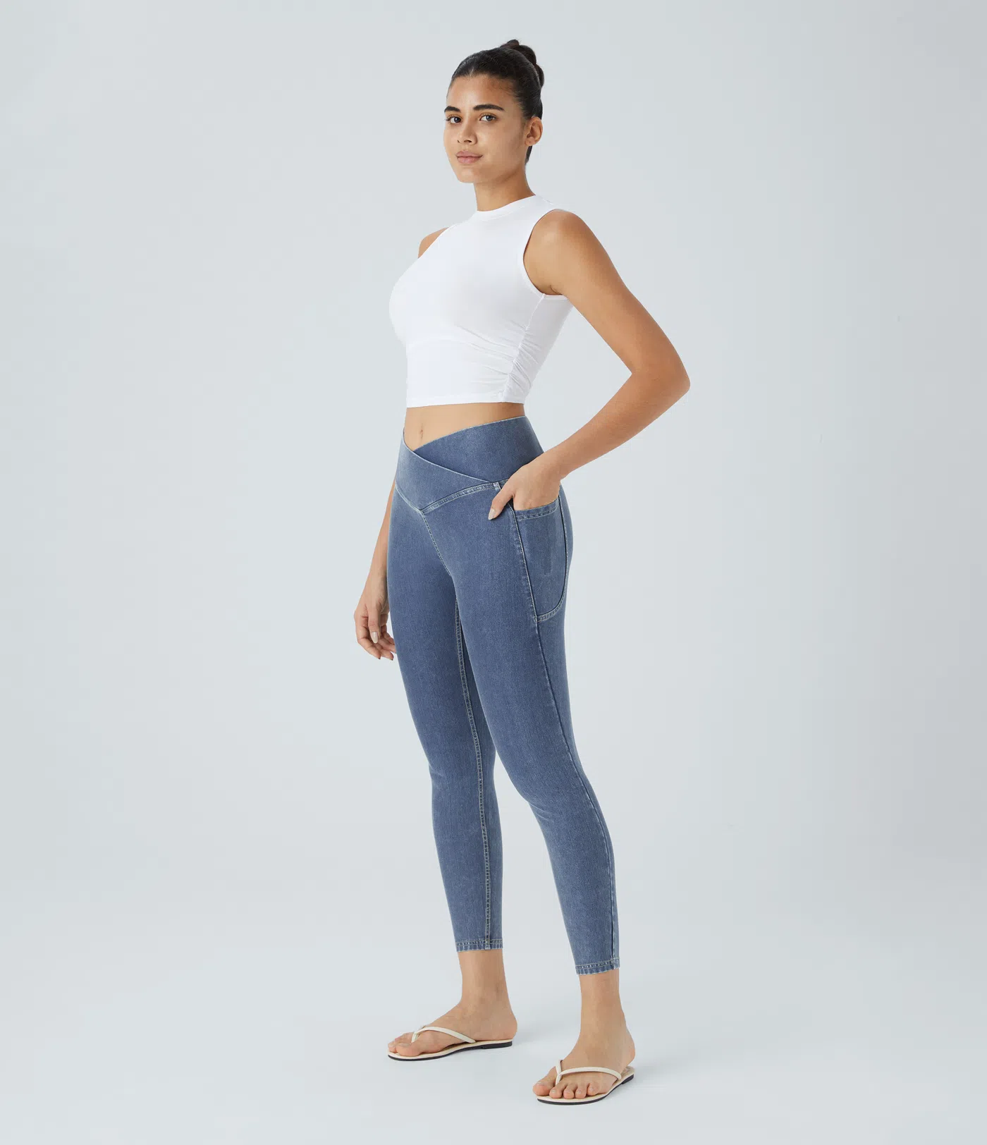 HalaraMagic™ Crossover Side-Pocket Washed Stretch Knit Denim Casual 7,8 Length Leggings