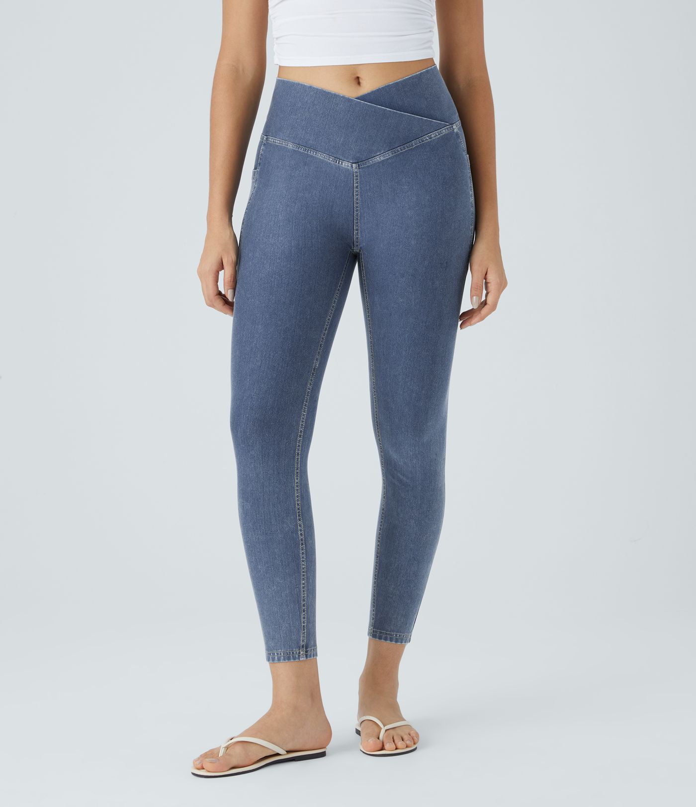 Halara Flex™ Crossover Side Pocket Washed Stretch Knit Denim Casual 7/8 Leggings