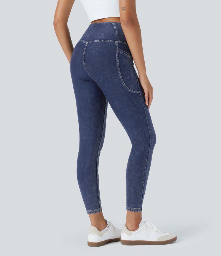 Halara Flex™ Jegging décontracté en tencel 7/8 extensible délavé, avec croisement sur le devant et poches latérales