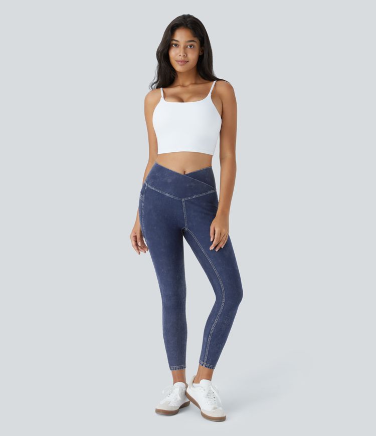 Halara Flex™ Jegging décontracté en tencel 7/8 extensible délavé, avec croisement sur le devant et poches latérales