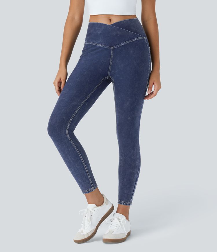 Halara Flex™ Jegging décontracté en tencel 7/8 extensible délavé, avec croisement sur le devant et poches latérales