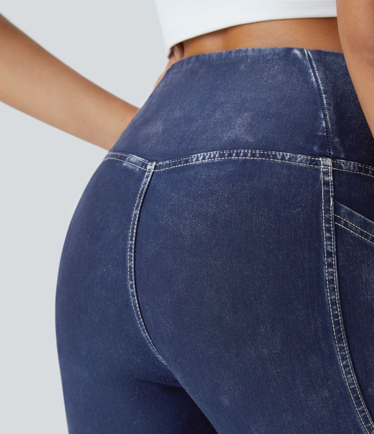 Halara Flex™ Jegging décontracté en tencel 7/8 extensible délavé, avec croisement sur le devant et poches latérales